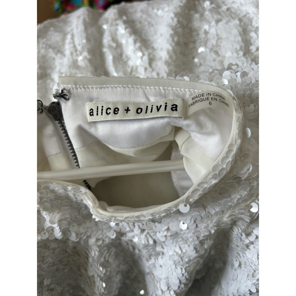 Alice + Olivia Inka White Sequin Stretch Mock Neck Dress Sz 6 - Picture 6 of 7